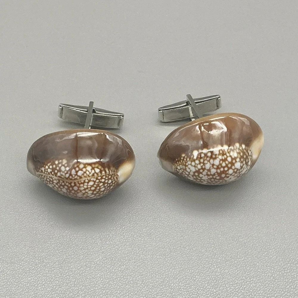 Cowrie Shell Cufflinks Men's Natural Seashell Brown White Silver Tone Coastal